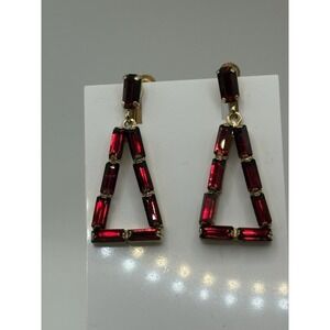 Crystal Stacked Baguette Dangle Earrings Holiday Ruby Red Goldtone Screw back